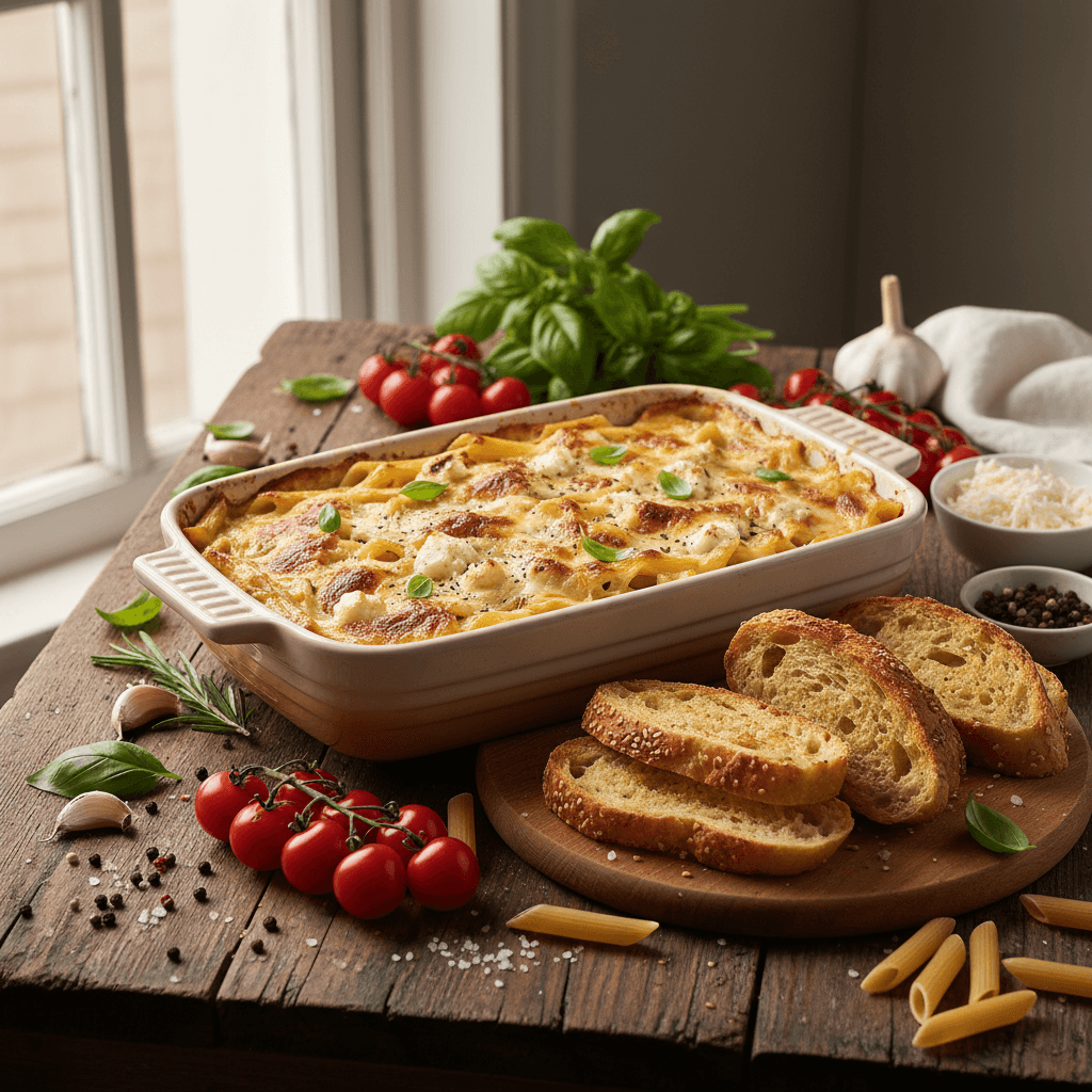 Glutensiz Fırın Makarna ve Çıtır Ekmekli Pratik Akşam Sofrası