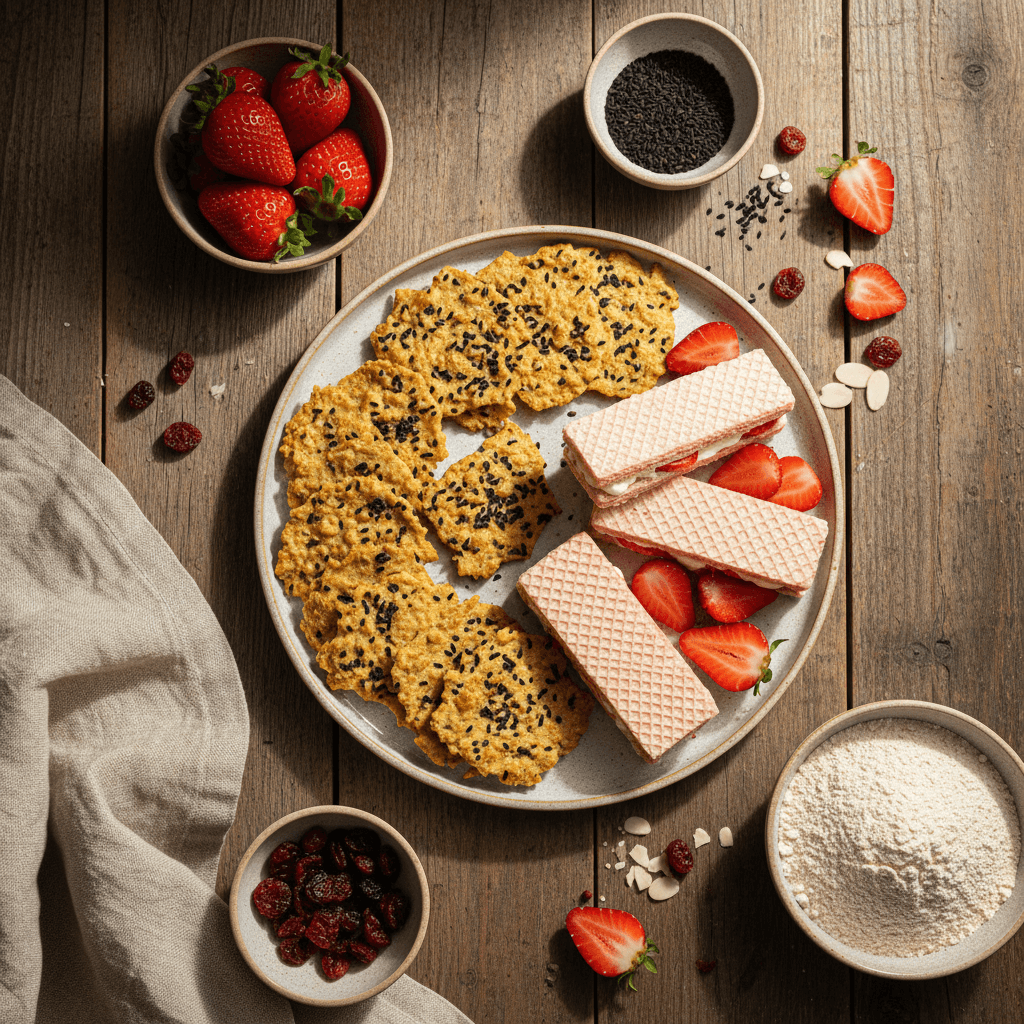 Glutensiz Atıştırmalık Tabağı: Çörekotlu Kraker ve Çilekli Gofretle Pratik İkramlar