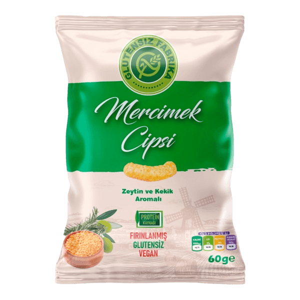 Glutensiz Fabrika Zeytin Ve Kekik Aromalı Mercimek Cipsi 60 gr