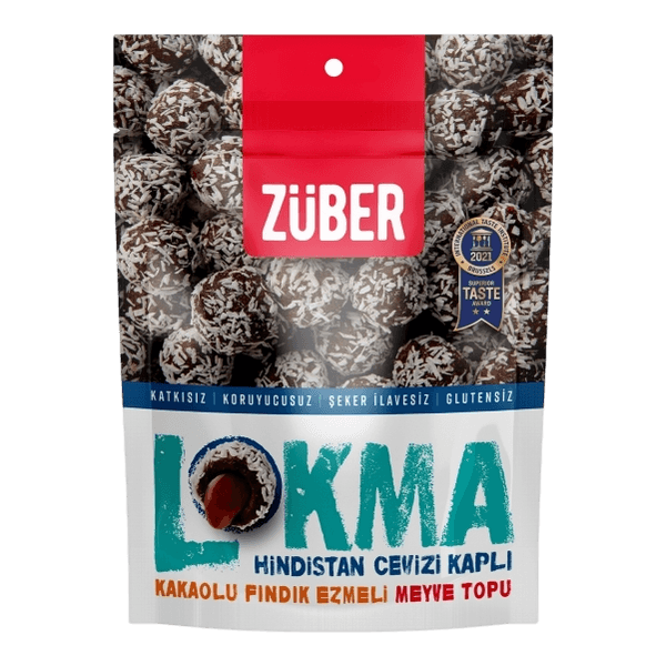 Züber Glutensiz Vegan Lokma Hindistan Cevizi Kaplı Kakaolu Fındık Ezmeli Meyve Topu 96 gr