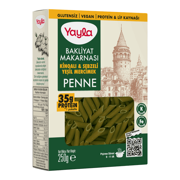 Yayla Glutensiz Kionalı Ve Sebzeli Yeşil Mercimek Penne Bakliyat Makarnası 250 gr