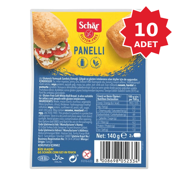 10 Adet Schar Panelli Glutensiz Sandviç Ekmek 140 gr